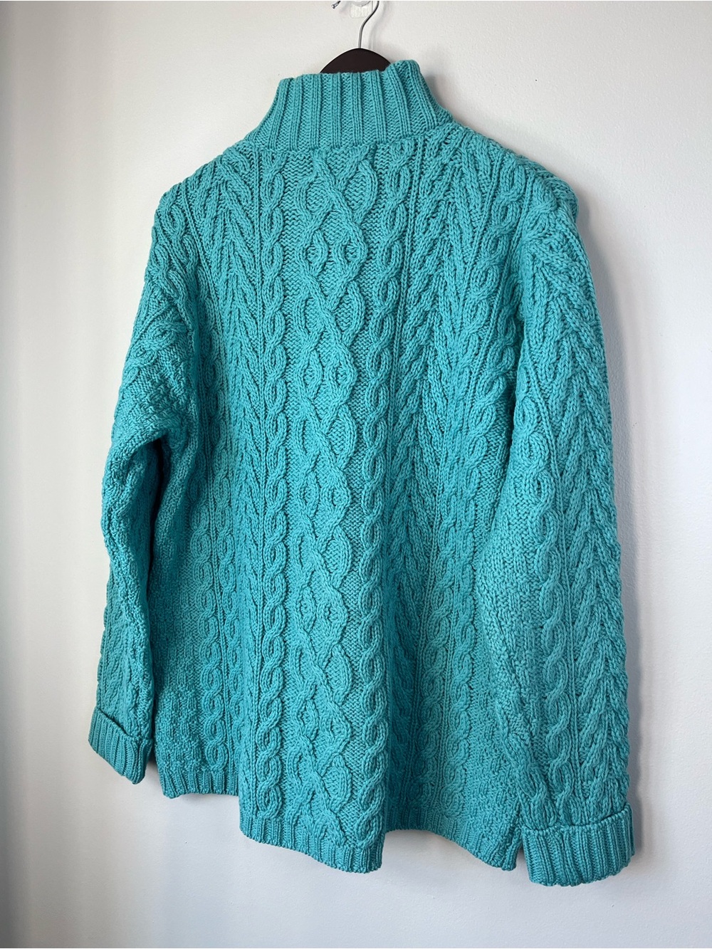 NWOT Aran Crafts Womans L Turquoise Merino Wool Cable Knit 1/4-Zip Sweater- FLAW - Picture 9 of 15
